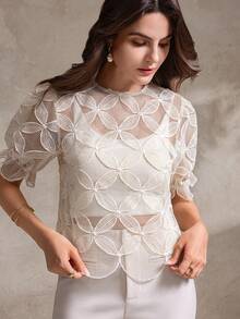 Ladies Eye-Catching Lace Top With Lantern Sleeves And Cinched Waist - Apricot - View 5