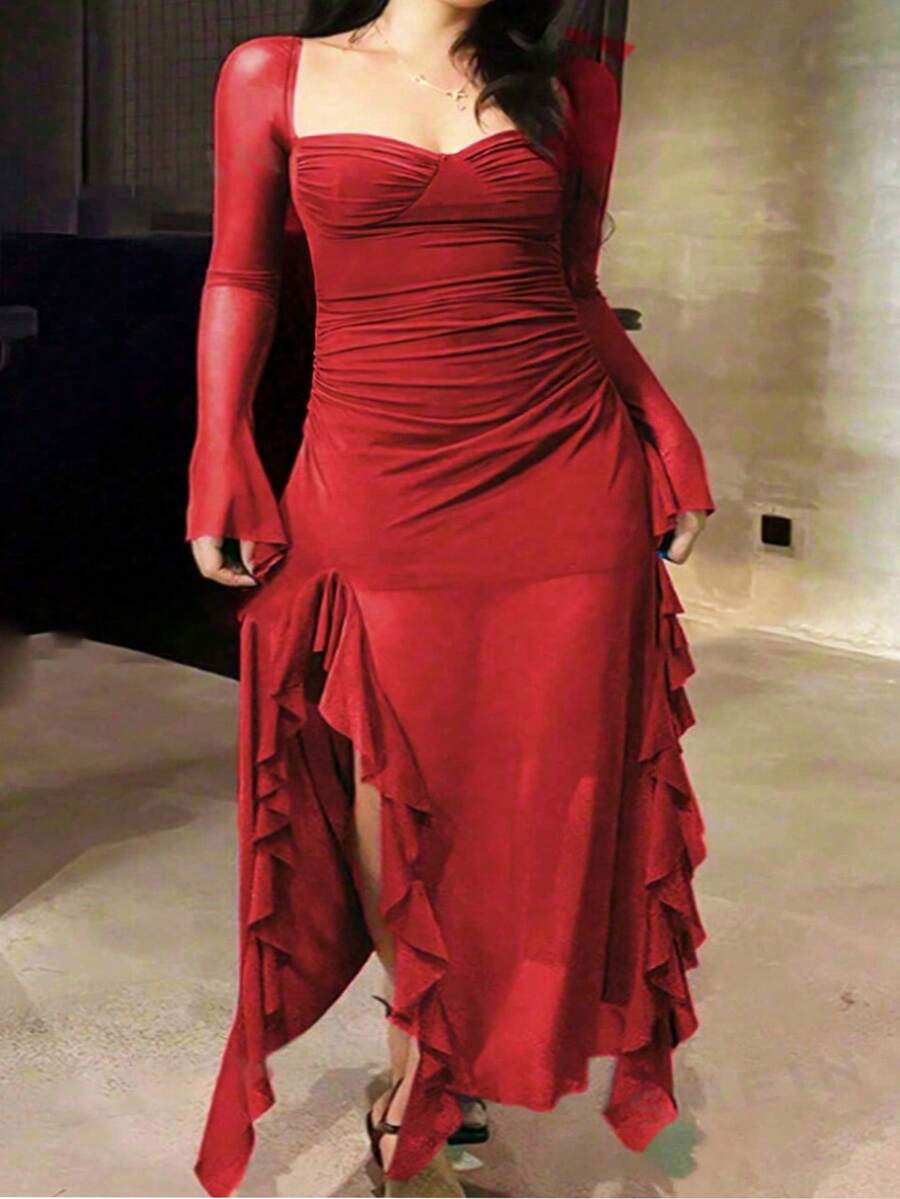 女式加大码网眼荷叶边长袖优雅休闲连衣裙，秋季加大码服装，女士端庄连衣裙，圣诞节 - 紅色 - 查看 1