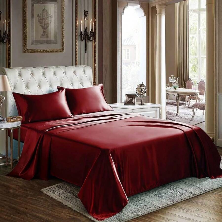 New-66  Satin Sheets Full Size - 4 Piece Burgundy Bed Sheet T  Silky Microfiber, 1 Deep Pocket Fitted Sheet, 1 Flat Sheet, And 2 Pillowcas - Ooth And Soft - Burgundy Full - View 1