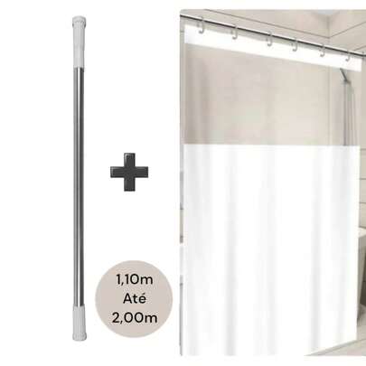 Kit Varão Extensível e Cortina de Banheiro Box Suporte Alumínio Bastão Tubo Barra