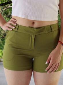 SHORT GABARDINA PARA DAMA   Liso    Casual  Elegante    Bolsillo    MUJER  Vacación  Playa - Verde Oliva - Ver 2