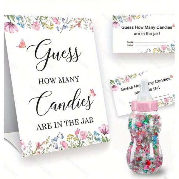 Baby Shower Party Decoration - Wildflower Style Guessing Jar Game Card Set, Includes 1 Signage, 30/50 Cards, And 1 Jar, For Baby Christening Decor, Gender Reveal Party, Birthday Party, Baby Shower Party Favor