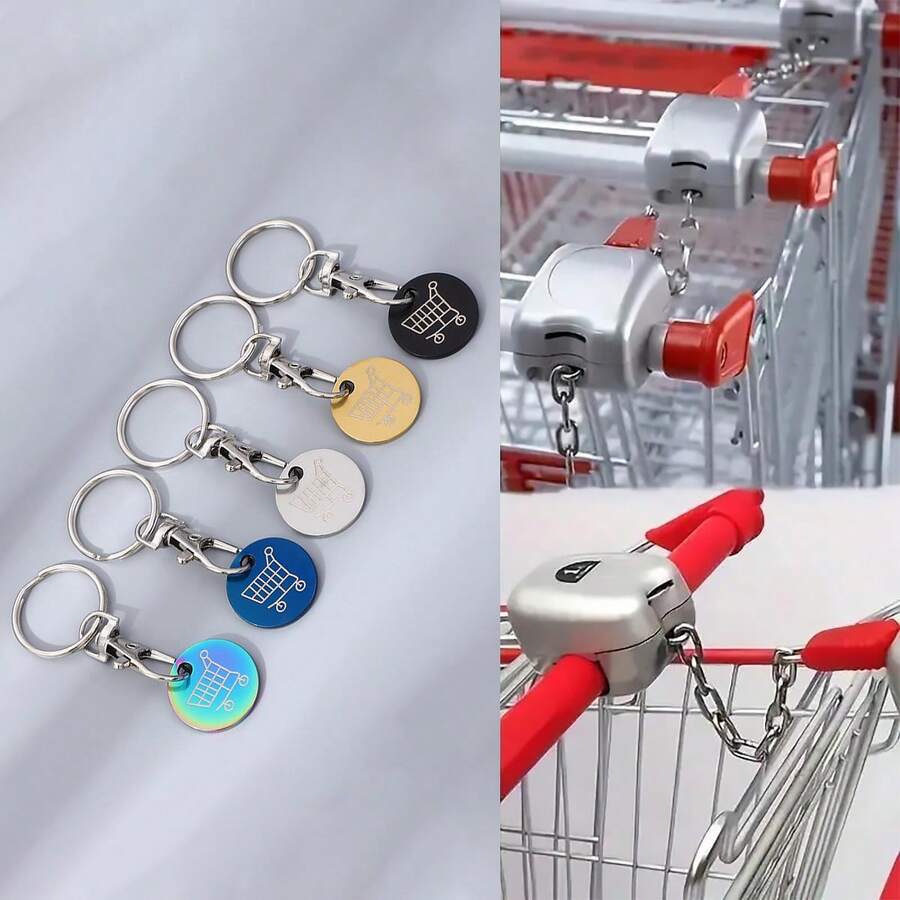1pc/3pcs/5ps Shopping Cart Token Supermarket Trolley, Metal Stainless Steel Keychain, Keyring Decoration With Trolley Unlocking Key, Keyring Accessory