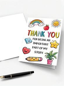 Tarjeta de agradecimiento feliz para el maestro con sobre - Diseño de dibujos animados vibrantes que presentan un arcoíris, una manzana y una cara sonriente, ideal como regalo de fin de año para preescolar, guardería o cuidado infantil