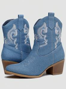 GLOBALWIN Women's The Western Wear Fashion Cowboy Cowgirl Free Birds Country Concert Disco Outfits Low Heel Walking Boots For Ladies Fall Boots Halloween Season - 藍色 - 查看 1