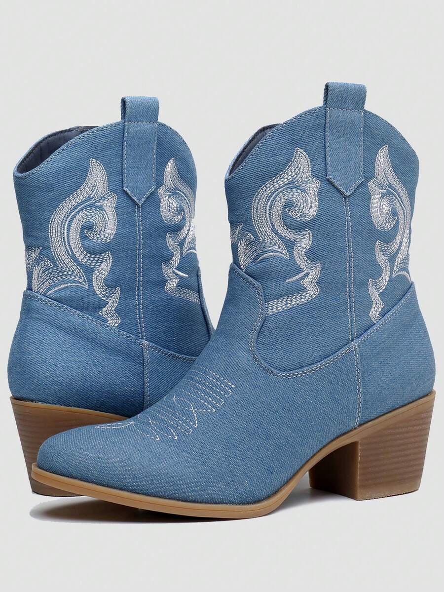 GLOBALWIN Women's The Western Wear Fashion Cowboy Cowgirl Free Birds Country Concert Disco Outfits Low Heel Walking Boots For Ladies Fall Boots Halloween Season - 藍色 - 查看 1