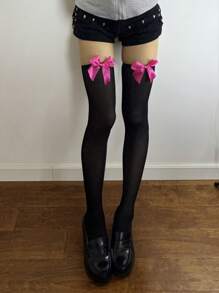 1/5 Pary Uroczych Kokardek Ozdobnych Czarnych Pończoch Za Kolano, Styl Lolita, Swobodne i Modne, Nadające Się Do Codziennego Noszenia Wiosną I Latem
