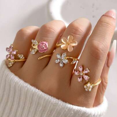 4pcs/Set Lovely Pink Rose Flower Adjustable Rings, Faux Pearl Diamond Decor Five-Petal Floral Ring Set For Women