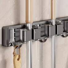 1pc Wall-Mounted Metal Broom Holder Rack With Adjustable Hooks, Suitable For Bathroom, Kitchen, Garden, Laundry Room, Garage Storage Organizer - Powder Coated Surface, Space-Saving Rack For Broom, Mop, Tools, Shelves