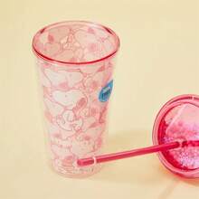 Miniso 史努比系列泡泡盖双层吸管杯，塑料茶/牛奶/饮料/咖啡杯，水瓶，600毫升/20盎司 - 玫瑰紅 - 查看 5