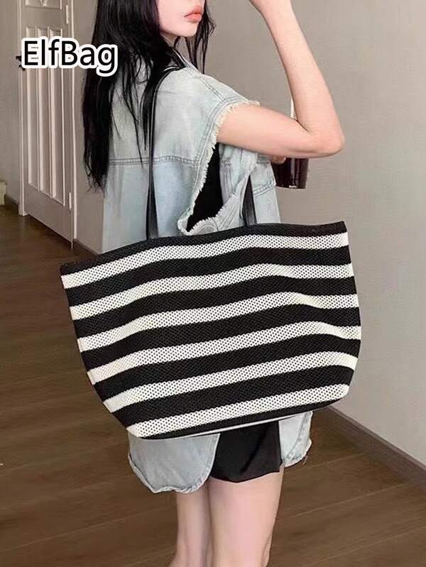 Fashionable Black And White Striped Women's Tote Bag, Large Capacity Woven Handbag, Casual Vacation Style, Crochet Beach Bag, Shoulder Shopping Bag, Suitable For Beach Vacation, Casual Travel, Commuting Shopping, University Students