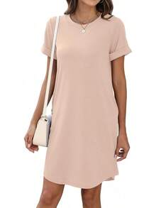 Womens Shirt Dresses Casual 2025 Summer Short Sleeve Loose Vacation Dress With Pockets - Pink - View 10