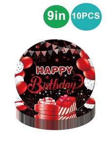 10pcs Red And Black Birthday Party Tableware Set, 10 Plates, 20 Napkins, 10 Paper Cup, Red Birthday Party Confetti Sprinkle With Happy Birthday Party Decorations Men And Women - Multicolor - View 6
