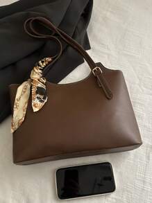 Fashionable And Simple Solid Color Letter Printed Shoulder Tote Bag With Scarf, Suitable For Shopping, Wallets, Shopping, Young Women, College Students, Newcomers, White-Collar Workers. They Are Very Suitable For Offices, Universities, Work, Business, Commuting, Outdoor Activities, Travel, And Outings