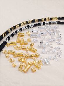 100件套复古波西米亚风合金发圈套装 - 镂空圆形发饰，适合女性和女孩，优雅纯色发饰，可用于编发和DIY发型设计，发夹，学习用品，套装，头部饰品，发卡 - 金+銀 - 查看 5