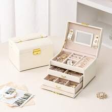 CASEGRACE 1 pièce Boîte à bijoux en PU de luxe avec miroir, boîtes à bagues, boucles d'oreilles, colliers. Grand étui de rangement pour bijoux, cadeau idéal pour les filles pour Noël, mariage, organisation de stockage estival