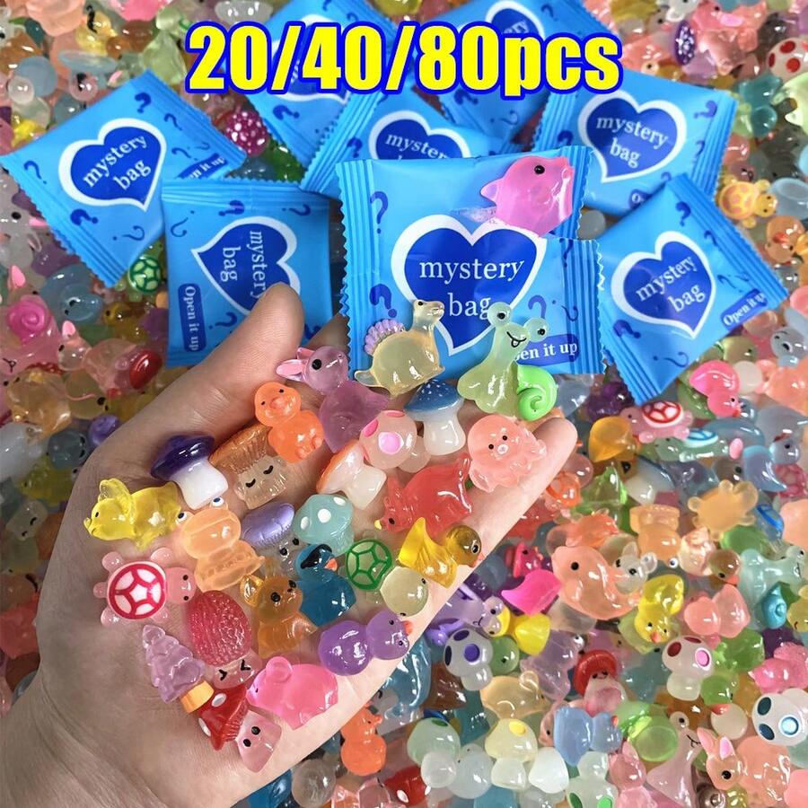 20/40/80pcs Mini Luminous Animals Mushroom Miniature Blind Bag Glowing In The Dark Figurine Mystery Bags For Fairy Garden Micro Landscape Decoration Birthday Gifts