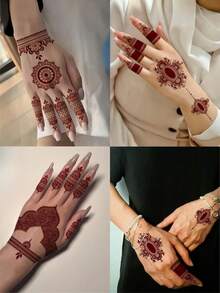 4 Sheets Henna Temporary Tattoo Brown Lace Waterproof Henna Stickers Henna Tattoos For Women Wedding Festival Party - Brown - View 2