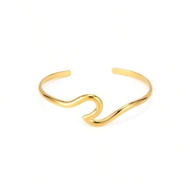 1pc Elegant Stainless Steel Wavy Design Bangle/Bracelet With Polished Finish, Suitable For Everyday Wear Or Vacation Gift