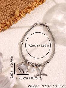 1 件海星贝壳珍珠吊坠手链，不锈钢弹性可调节女士手链，简约夏日海滩珠宝礼物 - 彩色 - 查看 9