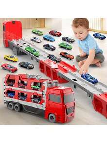 ألعاب شاحنات نقل للأطفال ، شاحنة نقل مزدوجة السكة وماطلقة السيارات بطول 61 بوصة ، مجموعة شاحنة نقل مع سيارتين معدنيتين وصندوق تخزين قابل للطي ، هدية ألعاب سيارات للمراهقين ، مناسبة للبنين والبنات من عمر 2 و 3 و 4 و 5 و 6 سنوات وما فوق