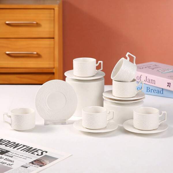 3D Embossed Coffee Cup & Saucer Set, Suitable For Gifting To Family And Friends, Restaurants, Cafes, For Drinking Espresso, Turkish Coffee, Coffee Mugs