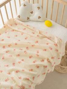 可定制名字刺绣双层纱布婴儿毯 宝宝卡通襁褓 尺寸110cm*100cm 适用于空调房新生儿 - 粉兔頭(花邊 - 查看 6