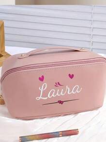 1pc Personalized Name Printed Makeup Bag - Large Capacity Cosmetic Organizer Bag With Zipper Closure And Top Handle - Customizable Travel Toiletry Bag In Black, Brown Or Pink - Perfect Women Birthday Gift, Makeup Bag