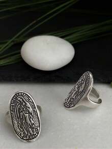 1 Piece Of Virgin Mary Pattern Long Oval Retro Fashion Copper Antique Silver Women's And Men's Open Ring, Suitable For Festival Parties And Dances - 復古銀色 - 查看 10