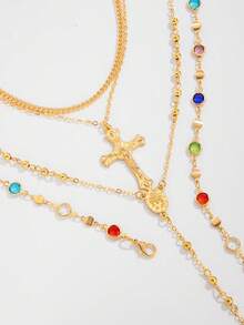 4 件时尚彩色锆石链项链套装包括 Y 形、长十字架吊坠项链，适合旅行、约会、派对