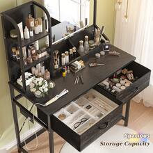 EnHomee Black Vanity Desk With Mirror And Lights, Small Makeup Vanity Desk With Fabric Drawers & Power Outlet, Modern Dressing Table For Bedroom, Black - 查看 2