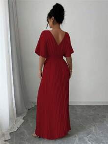 Women Solid Color Bat Sleeve Deep V-Neck Fashion Pleated Dress Summer - Red - View 3