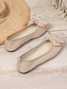 1 Paar elfenbeinweiße flache Ballettschuhe für Teenager-Mädchen, Obermaterial aus Leder mit Schleifen-Dekor, runde Zehenkappe, Schlupfeinstieg, rutschfest, für Lässig & Büro, geeignet für Frühling & Herbst