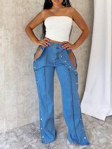 HERTALK Women's Sexy Hollow Button Design Spring And Autumn Straight Denim Trousers - màu xanh da trời - Xem 3