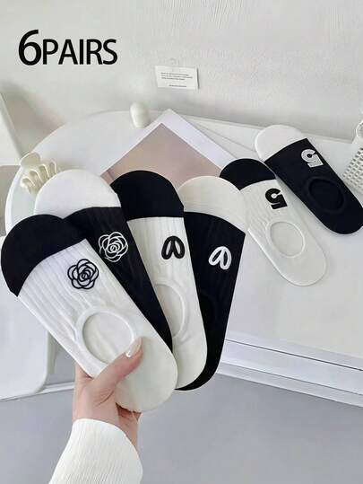 6 Pairs Women's Liner Socks/No Show Socks, White & Black With Floral, Heart & Digit Patterns, Fashionable, Minimalist, Casual, Soft, Moisture-Wicking, Versatile For Any Shoe Style