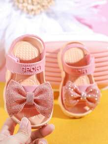 一双可爱夏季蝴蝶结儿童凉鞋，新款软底轻便时尚婴儿沙滩拖鞋 - 粉色 - 查看 4