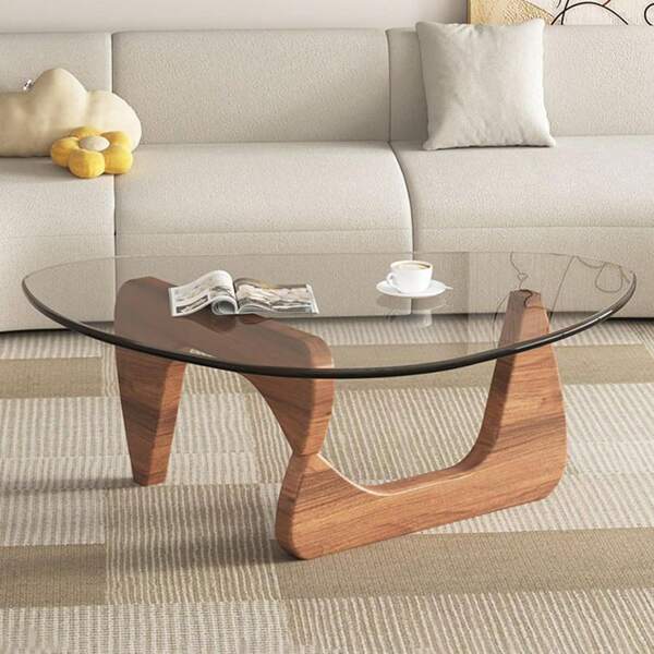 Living Room Coffee Table - A Triangular Glass Coffee Table With A Wooden Base. Abstract Dining Table, Study Room, Office, Hotel Balcony (Walnut TransparentWoodBlack Tea Table), Versatile And Comfortable