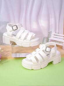 1 Pair Girls White Woven PU Breathable Open Toe Mid-Top Strap Flat Casual Sandals, Suitable For Daily Wear/Summer - White - View 5
