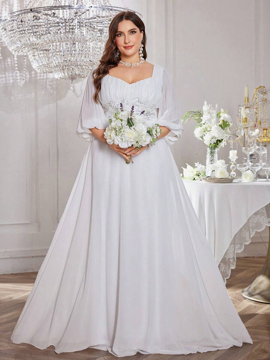 UNITHORSE 灯笼袖亮片刺绣装饰褶皱雪纺婚纱，全白派对装女士 - 白色 - 查看 1