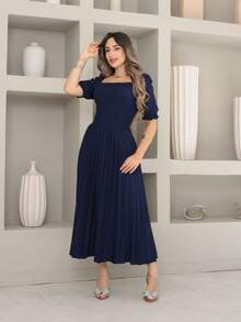 Vitoria Women's Short Sleeve High Waist Pleated Midi Dress - 藏蓝色 - 查看 2