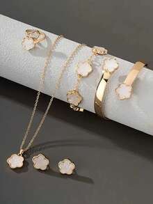 6pcs/Set Women's Same Color Lucky Flower Decoration Accessory Combination 1 Pair Of Earrings 1 Necklace 1 Bracelet 1 Bracelet 1 Ring Set Suitable For Daily Use