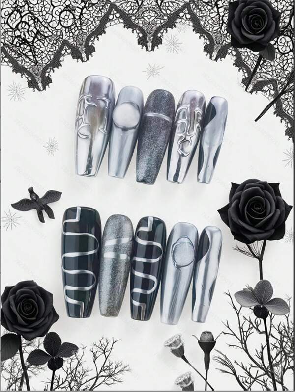 10pcs/Set Handmade Gothic Style Hand-Painted Floral Elegant, Cute Coffin-Shaped Wearable Press-On Nail Tips, Nail Art Supplies