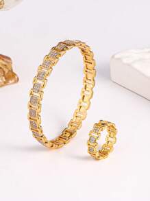 1 Conjunto Pulseira de Corrente de Relógio Premium de Zircônia, Conjunto de Pulseira e Anel Versátil de Moda, Adequado para Homens e Mulheres, Uso Diário