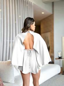 Vestido curto com shorts boho chic elegante decote nas costas sexy  elegante  Sensual  Casual  Boho    Tecido    2 em 1    Mini vestido  Noite - Branco - Visão 3