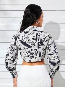 Mujer Truncada Manga Larga Con Bolsillo Camisa Ultra Corta Camisa Floral Holiday Matching - Blanco y Negro - Ver 2