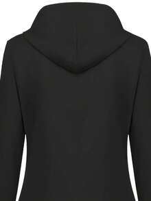 Jacket With Striped Lining And Zipper, Casual Long-Sleeved Hooded Jacket With Drawstring For Autumn And Winter, Women's Clothing, Women's Outdoor Windproof Hooded Jacket With Striped Lining, Button And Adjustable Drawstring Closure For Autumn/Winter, Windbreaker Jacket, Durable Outdoor Clothing - 黑色 - 查看 4