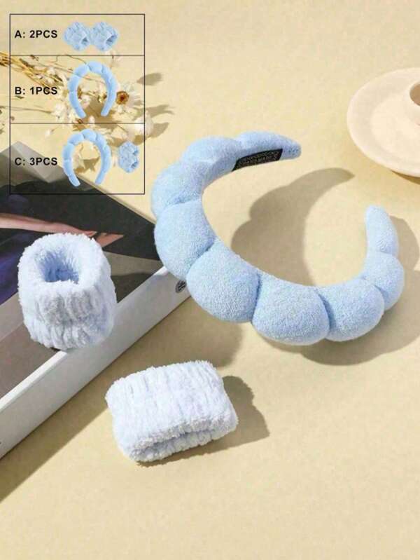 1pc/2pcs/3pcs Blue Face Wash Headband Set (Headband*1 + Towel*2) / (Wristband*2) Shower Headband & Wristband Set For Makeup, Washing Face Shower Headband & Wristband Set For Makeup, Washing Face Valentine DAY, Valentines Home Bathroom Decor Summer Back To School