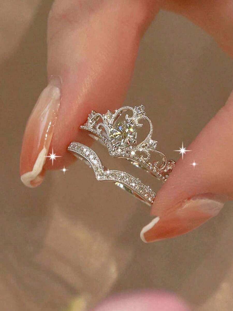 2pcs Luxury Crown Princess Simulated Ring Set, Couple Rings Wedding Party Or Daily Wear, Valentine's Day,Mom,Mother,Mother's Day, - 金子 - 查看 1