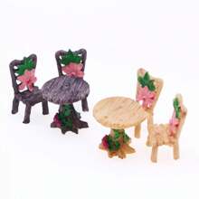 6 Peças Conjunto Mágico de Mesa e Cadeira Mini, Kit de Móveis de Jardim de Fadas com Flores Rosas e Folhas Verdes, Resina ABS Durável - Perfeito para Casas de Bonecas, Cenas em Miniatura e Artes e Artesanato, Acessórios de Jardim de Fadas