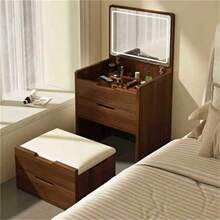 3 In 1 Vanity Desk With Plip Top Mirror, Small Make Up Vanity Set With Visible Glass Desktop, Compact Makeup Vanity With 3 Drawers,Cushioned Tool, Dressing Table For Bedroom - Quả óc chó - Xem 4